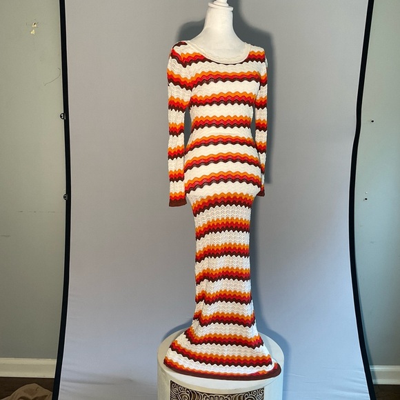 Bodycon Striking Striped Long Sleeve Crocheted Maxi Dress with Deep Scoop Back - Picture 11 of 16